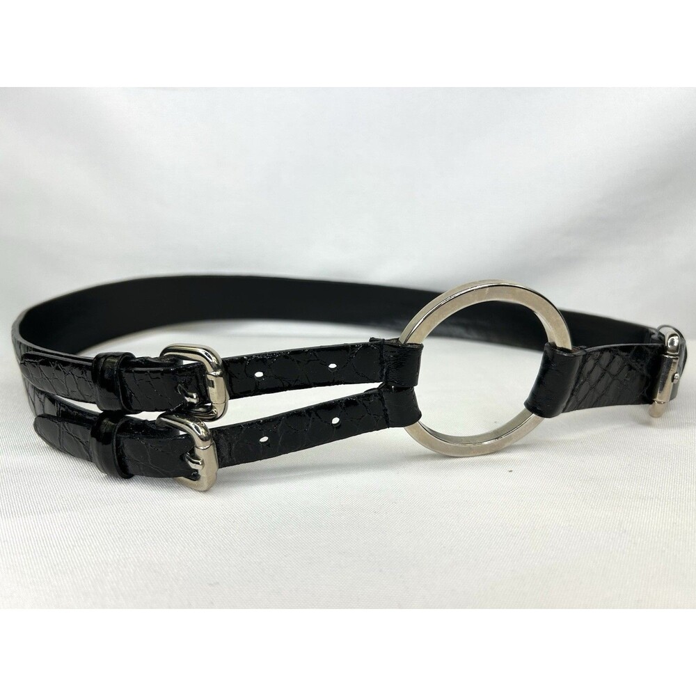 SANDY DUFTLER Snaffle Bit Embossed Leather Belt Black Asymmetric Size M